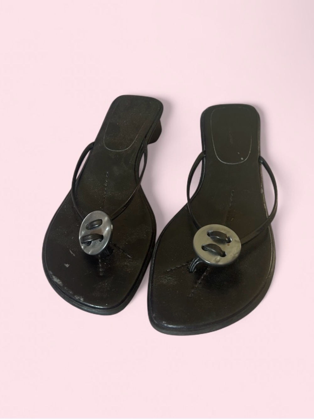 Black Leather flip flop with mini heel & silver button detail Sandals -Women 8.5